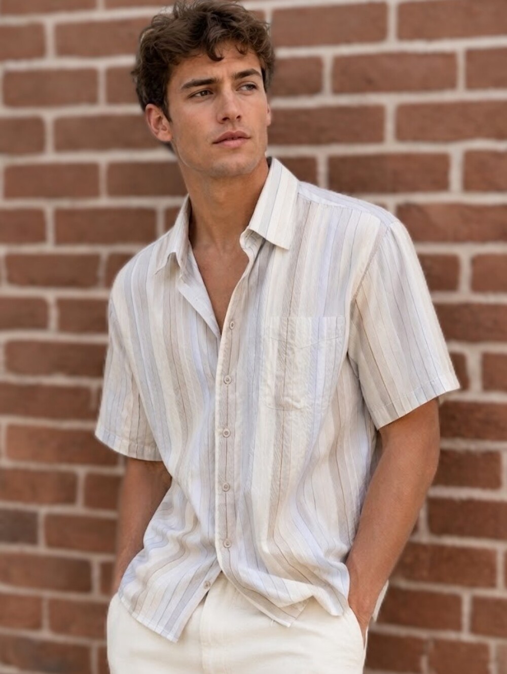 Vintage Pierre Cardin Men's XL Striped Short Sleeve Button-Down Shirt Neutral